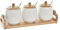 Set 3 salsera porcelana blanco con tapa de madera bambu y soporte para cocina estilo nordico (Set 3 Salsera)