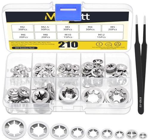 Mardatt 211Stück M2 M2.5 M3/ M4 M5 M6 M8 M10 M12 Edelstahl-Innenzahn-Sternsicherungsscheiben-Satz, Schnellspann-Sicherungsscheiben Druckmuttern Drucksicherungsscheiben
