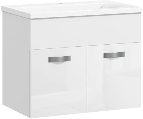 kleankin Mobile Bagno Sospeso con Lavabo, Mobile a 2 Ante con Lavandino e Cerniere Ammortizzate, 61x40x50cm, Bianco Lucido