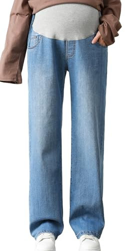FEOYA Jean Grossesse et Femme Enceinte Jean de Maternité Longueur Totale Jeans Amples pour Mamans avec Poches Style 2 Bleu L
