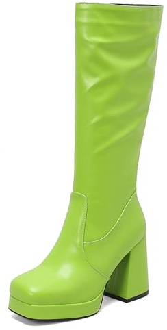 Lizoleor Tacco A Blocco Square Toe Donna Stivali Alti Plateau Zip Laterale Largo Fit Tacco Alto Concise Lungo Stivali Equitazione Verde Numero 35 Eu
