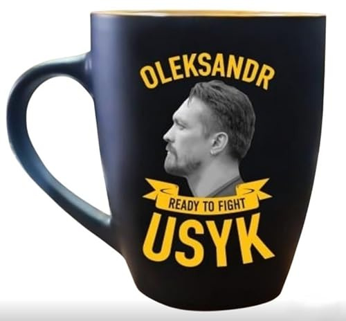READY TO FIGHT USYK and RTF Official Boxing Champion Coffee Mug, Ceramic Tea Cup, Black with Gold Design, Collectible Merchandise