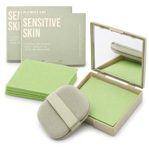 Oil Blotting Paper for Face – 300 Sheets with Puff and Mirror Case | Quick Shine Removal, Makeup Touch Up, Portable Mirror Case, Soft Blotting Sheets, Everyday Beauty Care