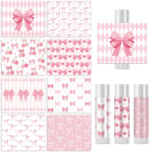 Peacoblue 160 Stück Lippenbalsam Etiketten, Rosa Schleife und Kirsche DIY | Wasserfeste Tube Aufkleber 8 Designs, Glänzende Labels für selbstgemachte Lippenpflege, Geschenke und Feiern