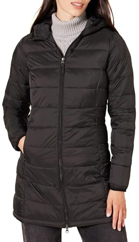 Amazon Essentials Piumino Lungo con Cappuccio Ripiegabile, Leggero e Impermeabile (Disponibile in Taglie Forti) Donna, Nero, S