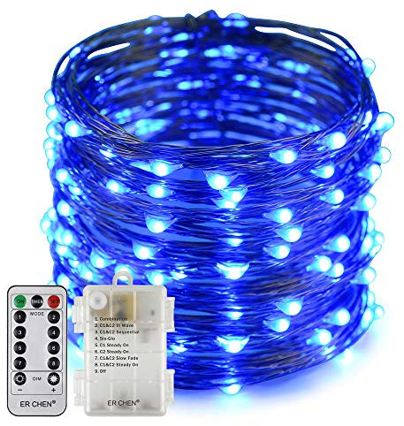Erchen Battery Operated LED String Lights, Dimmable 66 FT 200 LED Ultra Thin Waterproof 8 Modes Timer Copper Wire Fairy Lights with 13 Key Remote Control for Indoor Outdoor Christmas Party (Blue)