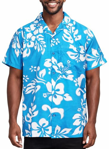 King Kameha Funky-Hawaii-Hemd, Herren, Kurzarm, Hibiscus, Türkis, S