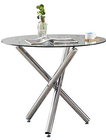 BOJU Modern Clear Glass Dining Table Round for Kitchen Restaurant Tempered Glass Table with Chrome Legs for 4/6/8 People Use Office Reception Table