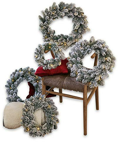 Loberon Kranz 5er Set Ellaria, unterschiedliche Größen, naturnahes Design, integrierte Lichterkette, festliches Wohnaccessoire, Weihnachtsdekoration, Weihnachten, Kunststoff, grün/weiß