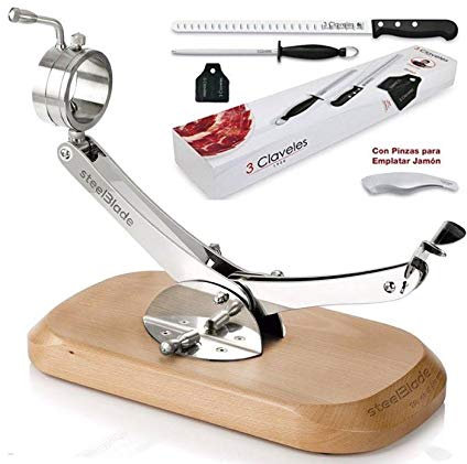 Soporte Jamonero Steelblade Madera Haya +Set de Cuchillos 3 Claveles +Regalo Cubre Jamón