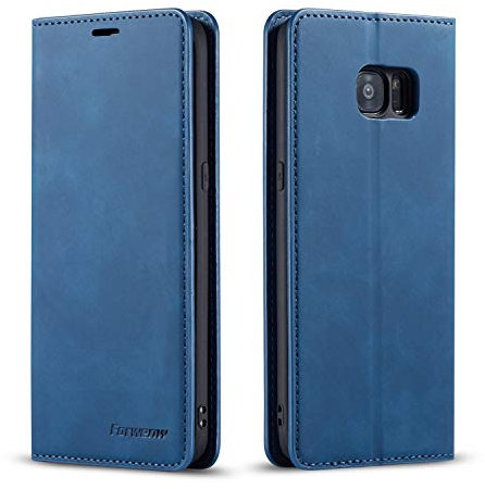 EYZUTAK Hülle für Samsung Galaxy S7 Edge, Magnetverschluss Premium PU Leder Flip Case mit Kartenfächern Brieftasche Standfuntion stoßfeste Silikonhülle Retro Ledertasche - Blau