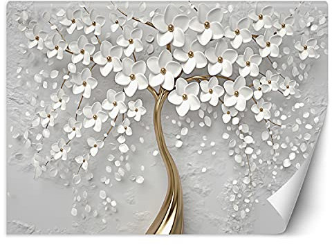 Feeby Photo Murale Intisse Abstrait Graphique Illusion 3D 350x245 cm or Déco Murale Tableaux Muraux À La Maison Chambre à Coucher, Salon, Chambre D'amis Fleurs Arbre Effet 3D