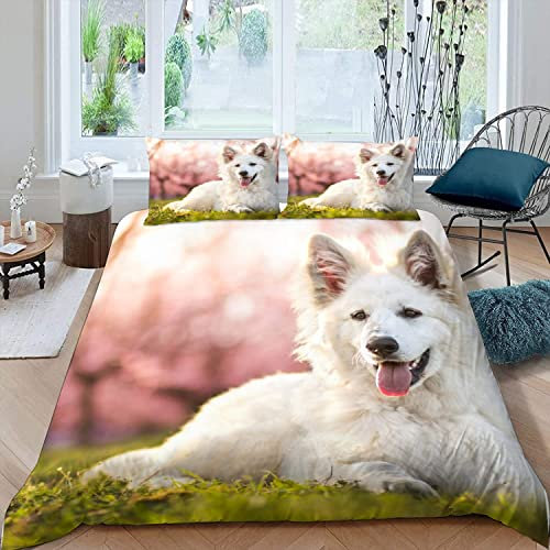RFFLUX 3D Weiß Schweizer Schäferhund Bettwäsche Set 135x200 cm 2teilig mit Reißverschluss Weiche und Angenehme Schlafkomfort Microfaser Bettbezug Kinderbettwäsche mit Kissenbezug 80x80 cm