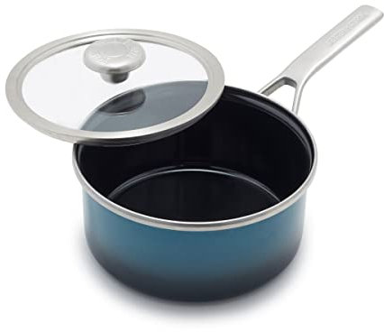 Merten & Storck Europäisch gefertigtes emailliertes Kochgeschirr mit Stahlkern, 2,1 QT Stielkasserolle mit Deckel, Induktion, PFAS- und PTFE-frei, spülmaschinenfest, ofen- und grillfest, Ägäisches