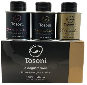 TOSONI Olio extravergine di oliva italiano olio EVO pregiato Confezione Regalo degustazione 3 tipi di olio da 100 ml Elevato Casaliva Bouquet