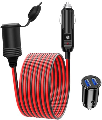 1.5M 17AWG Cable de Extensión para Mechero de Coche a Enchufe LED con Fusible 15A,12V/24V Mini Cargador Mechero Dual USB Carga Rapida Encendedor de Cigarillo Adaptador para Barcos,Camiones