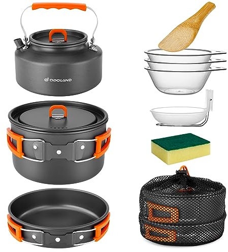 Odoland Camping Kochgeschirr Set, 10 Teilige Outdoor Geschirr Set mit Camping Topf 2.9L, Camping Bratpfanne 0.9L und Teekannen 1.6L für Camping Outdoor Kochen Wandern Reisen