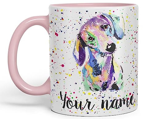 Vixar Personalised with Your Text Dachshund Sausage Dog Wiener Badger Pet Watercolour Art Coloured Ceramic Mug Cup Gift 330ml 11oz Custom Work Office Tea Coffee (Pink)