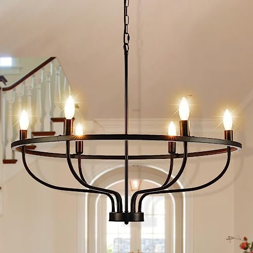 6-Licht kronleuchter schwarz Pendelleuchte mit runder industrieller Metall Vintage chandelier living room Deckenleuchten Bauernhaus Beleuchtung Leuchten Hängen für Wohnzimmer Esszimmer Schlafzimmer