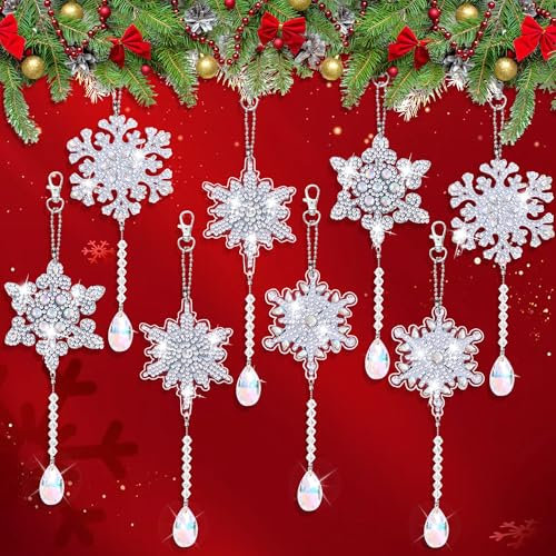 8 Stück Diamond Painting Weihnachten Anhänger Schneeflocken, Diamond Painting Schlüsselanhänger Beidseitig, DIY 5D Diamant Painting Geschenkanhänger Weihnachtsbaumanhänger für Erwachsene Unisex (8)