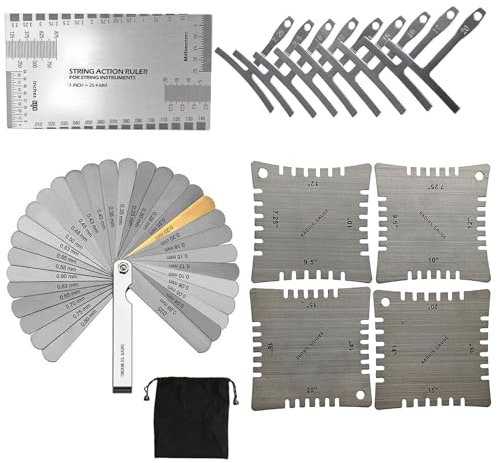 BALUKEYS Kit de herramientas medición de guitarra 47 pcs incluida juego de 4 de radio con muescas,juego de 9 medidores de radio de cuerda inferior,juego de calibre de espesores 32 cuchillas