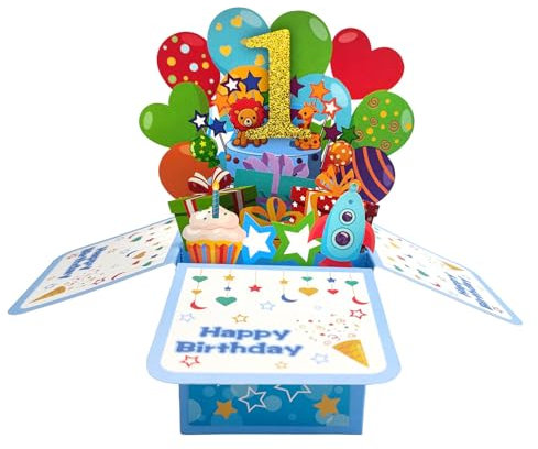 ZYOOO 3D Pop Up Karten Blau 1 Jahr mit Umschlag,Jungs Grußkarten Geburtstag Geburtstagskarte Zum 1.für eine Babyparty,Baby Shower Party