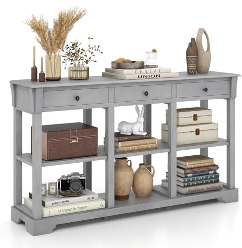 COSTWAY Vintage Console Table, 146cm Long Slim Entryway Sofa Table with 3 Drawers & Open Storage Shelves, Solid Wood Legs Behind Couch Table for Hallway, Entrance, Foyer and Living Room (Grey)