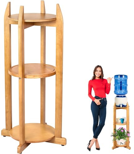 Wasserspender aus natürlichem Massivholz, Bodenständer (83,3 cm hoch, 28,4 cm breit), Getränkespender, Bodenständer mit 3 runden Ablagen für Wasserflaschen/Töpfe, Wasserkrug (natürliche Holzfarbe)