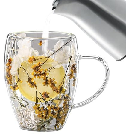 Aznever Tasse à Café En Verre Double Paroi 350 Ml - Isotherme Avec Fleurs Séchées - Pour Nespresso