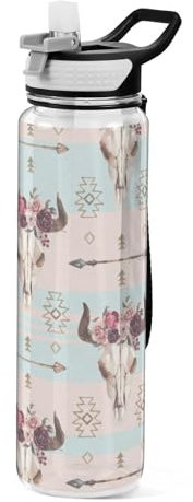 Mnsruu Transparente Sport-Wasserflasche mit Strohhalm, auslaufsichere Trinkflasche, Boho-Bull-Schädel, Blumenpfeil, Fahrradflaschen für Sport, Büro, Schule, BPA-freier Tritan-Kunststoff, 1 Liter
