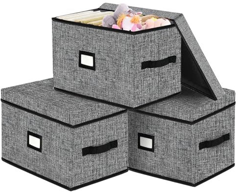 XL Storage Boxes with Lids- Foldable Storage Baskets with Sturdy 2 Handles, (3 Pack) Collapsible Oxford Storage Bin, Organizer for Closets , Bedroom,Nursery,Playroom,wardrobe.40x30x25 cm (Dark Grey)