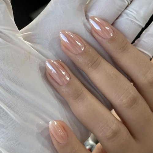 False Nails Short Almond Press on Nails with Glue 30pcs Aurora Nude Stick On Nail Pink Fake Nail Long Lasting Gift for Women Girls (Nude Short Almond, 30pcs)