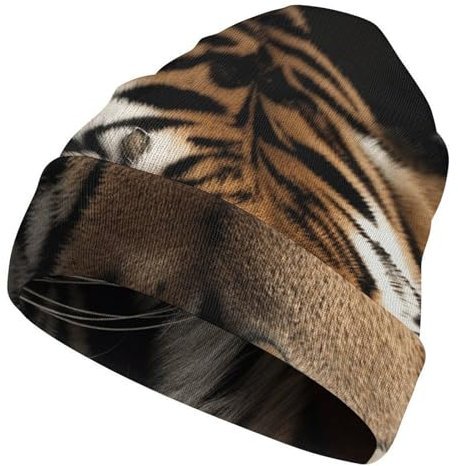 FZQVSWTX Strickmütze für Damen und Herren, niedlicher Tiger auf schwarzem Hintergrund, bedruckt, modisch, weich und warm, Strickmütze mit Bündchen, Tiger auf schwarzem Hintergrund, Größe 3XL, Tiger