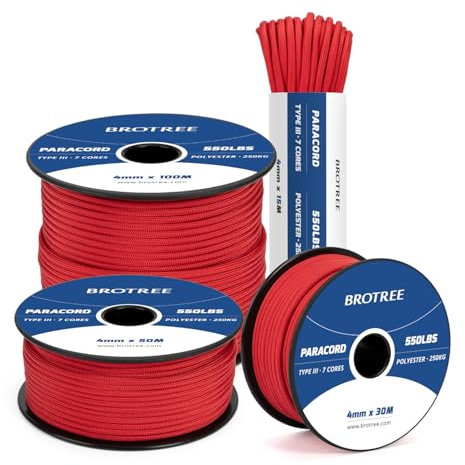 Brotree 550 Paracord 4mm 30m Schnur 100% Polyester Seil Reißfest Typ III 7 Kern für Armbänder, Basteln, Outdoor, Camping, Survival - Rot