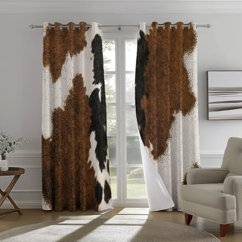 Blickdichte Vorhänge mit Ösen Textur Kuhfell Nahaufnahme H 200 x B 70 cm (2er Pack) Verdunkelungsvorhang Kälteschutz Vorhänge Dekoschal Deko Gardinen für Schlafzimmer Wohnzimmer Braunes Weiß