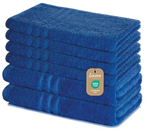 Lavea Lot de 6 Serviettes 100% Coton – 4 Serviettes de Toilette de 50 x 100 cm et 2 Serviettes de Douche 70 x 140 cm – Doux, absorbantes et certifiées Oeko-Tex – Serviettes de Bain - Bleu Roi
