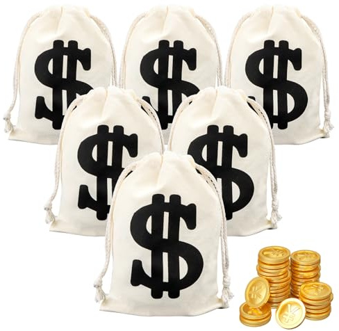 SUPRROW 6 Stück Geldsack,EIN Sack Voll Geld, Geldsack MüNzbeutel,Geldsäckchen Geldsack Mit Dollarzeichen 17×25cm,Wiederverwendbare Geschenktüten,Für Kleinodien, Kostüm-Accessoires