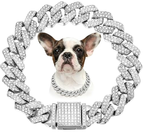 Silver Dog Chain, Diamond Cuba Link Dog Collar Metal Dog Necklace Cat Chains Pet Crystal Collars Jewelry for Small Medium Large Dogs Cats, 16-inch