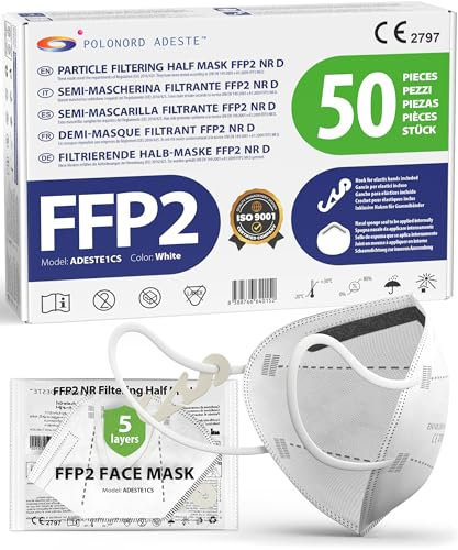 ADESTE - 50 Mascherine FFP2 NR D Bianche Certificate CE, Filiera controllata, anallergiche, con elastici comodi e resistenti. Sicura: capacità filtrante >99,5%, Buste singole sigillate