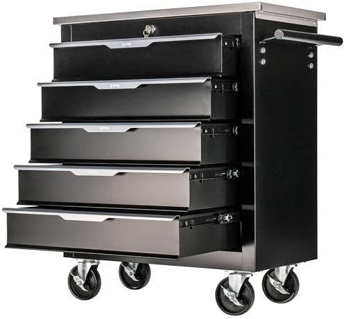 Stix GarageGo P5 Werkzeugwagen – 5 Schubladen, Edelstahlplatte, Schwerlast Werkstattwagen mit Rollen, abschließbar, Metall-Werkzeugschrank für Garage & Heimwerker