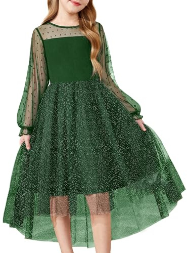 Arshiner Robe Festive pour Fille Verte à Manches Longues Noël Robe d'hiver pour Enfants à Col Rond en Tullerobe De Bal Fête 8-9 Ans