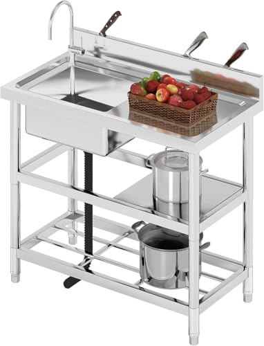 ommercial Restaurant Sink 3 Tier Free Standing Sinks with Storage Shelf Stainless Steel Single Bowl Kitchen Sink Unit Outdoor Camping Washbasin with Drainer Kit, 100x50x94cm