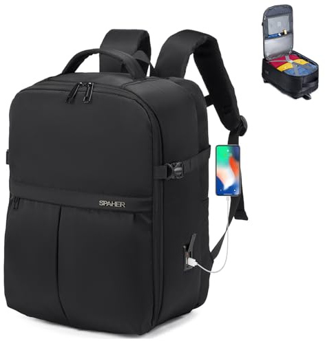 SPAHER 25L Bagaglio a Mano 40x30x20 Ryanair Zaino da Viaggio Aere, Nero | Design di Apertura a 180°, con Porta di Ricarica USB & Tasca Umida, 2 Sacchetti a Vuoto, Scomparto per Laptop 15,6''