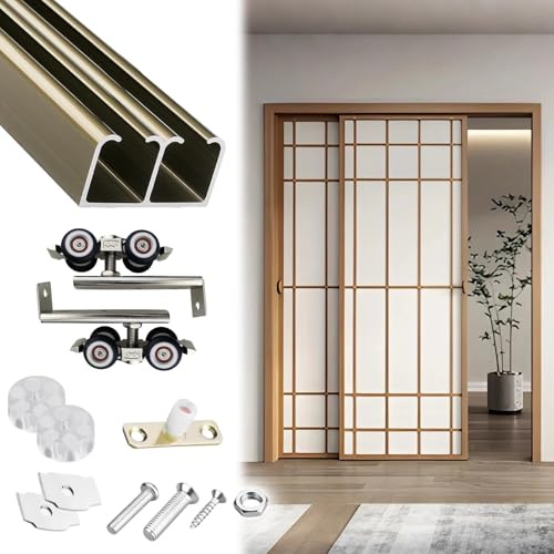 rail porte coulissante Kit de Remplacement pour Rail de Porte Coulissante avec Roulettes, Rail de Porte Coulissante de Placard, Double Coulisse pour Porte en Bois(Champagne,50cm/19.7in)