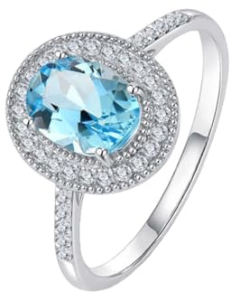 Ringe Vintage, Wedding Ring Rund mit 1,1 Ct Ovalem Aquamarin und 0,2 Ct Diamant 9K Weißgold Größe 54 (17.2)