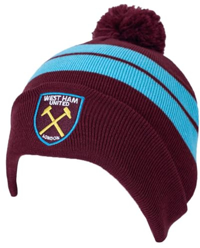 West Ham United FC Bar Knit Ski Bommelmütze Strick Hammers Beanie, Weinrot und Blau, Einheitsgröße