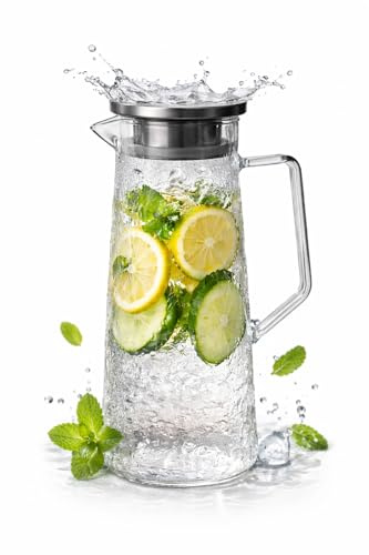 WOODFLAME Glaskaraffe mit Deckel 1.5 Liter, Wasserkaraffe aus Borosilikatglas, Wasserkrug Hitzebeständig, Glaskanne für DIY Getränke, Saft, Tee, Milch,