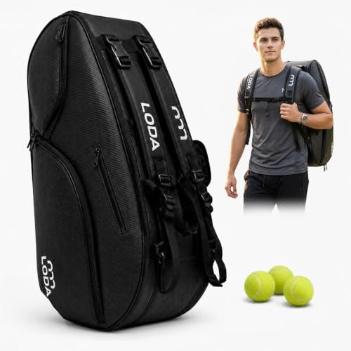 LODA - Racket Pro Tennistasche - 92L - bis zu 6 Schläger - Rucksackfunktion | Premium Tennistasche mit Hitzeschutz, Schuh-, Nass-, Dusch- & Kühlfach, fleecegefüttertes Wertsachenfach, inkl. Wäschebeutel