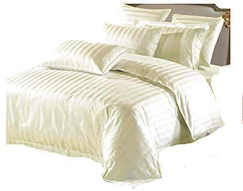 AR Textile 5 Star Hotel Quality 100% Egyptian Cotton Satin Stripe Duvet Cover Set With Pillowcases in White & Cream Colour (King, Cream)