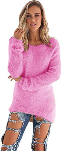 Pull Femme Hiver Pas Cher A La Mode Chaud Tunique LâChe Solide Tops Chemisier Pin Up Couleur Unie À Manches Longue Peluche Sweater (M, Rose Vif)